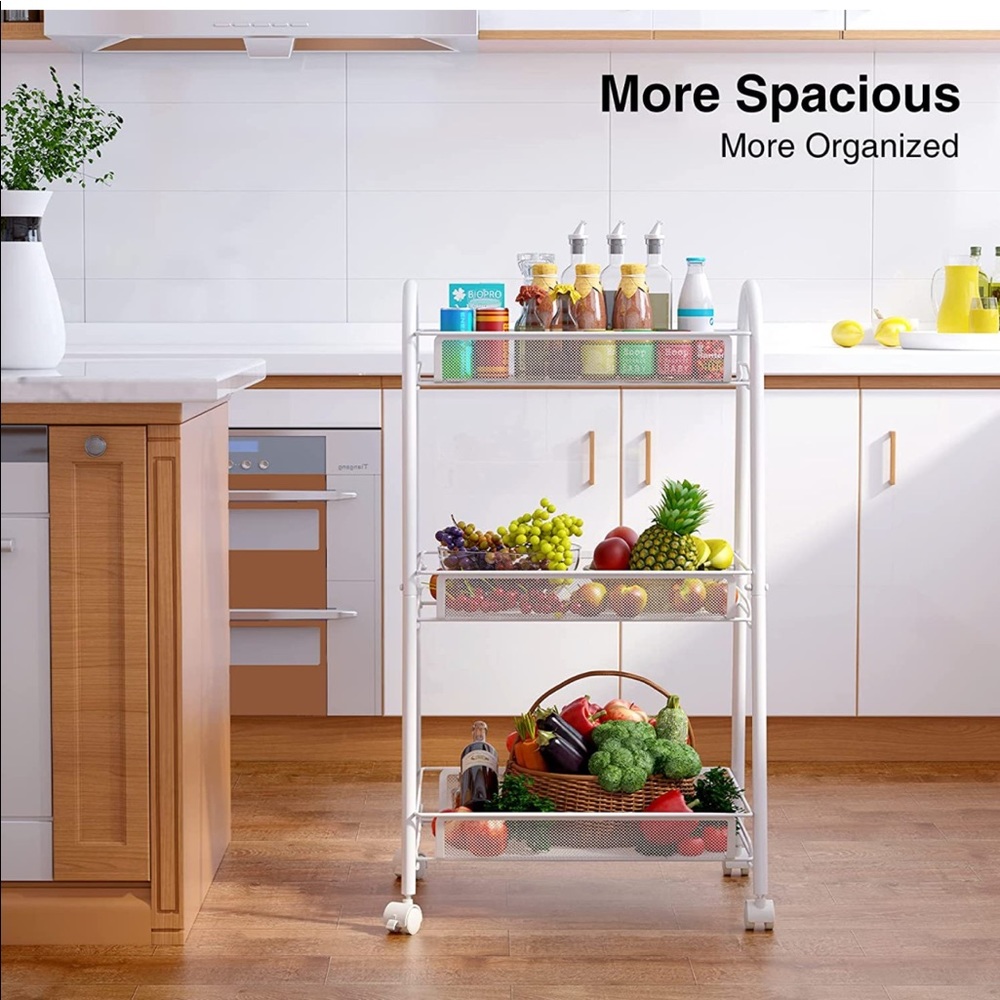 WHITE Three Tier Rolling Cart
